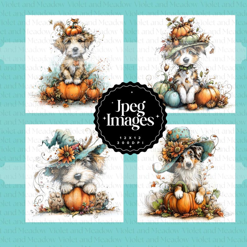 12 JPG Fall Puppy Clipart | Watercolor Pumpkin Dog Art | Autumn ...
