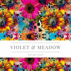May include: A colorful digital design featuring a vibrant mix of sunflowers, butterflies, and glitter. The design is titled "Violet & Meadow Design Shop".