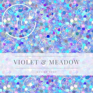 Könnte beinhalten: Ein digitales Design mit einem schimmernden, glitzernden Hintergrund in Blau-, Lila- und Rosatönen. Das Design enthält den Text "VIOLET & MEADOW" und "DESIGN SHOP" in weißer Schrift, sowie kreisförmige Logos.