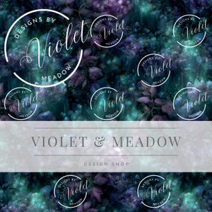 May include: A digital design featuring a dark, floral pattern in shades of purple, teal, and blue. The design includes multiple circular logos with the text "Designs by Violet Meadow". The text "Violet & Meadow" and "Design Shop" are also present.