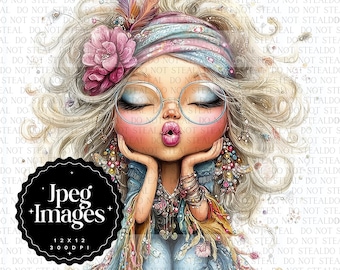 10 Quirky Hippie Girl Clipart: Whimsical JPG Images (Commercial Use, Digital Download)