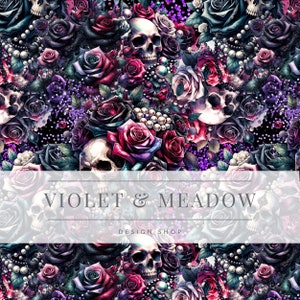 Puede incluir: Un patrón sin costuras con calaveras, rosas y perlas en tonos de morado, rosa y negro. El texto "VIOLET & MEADOW DESIGN SHOP" se muestra en el centro de la imagen.