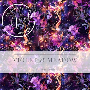 Könnte beinhalten: Ein nahtloses Muster mit lila und goldenen Blumen auf einem funkelnden Hintergrund. Der Text "Designs by Violet & Meadow Design Shop" befindet sich am unteren Rand des Bildes.