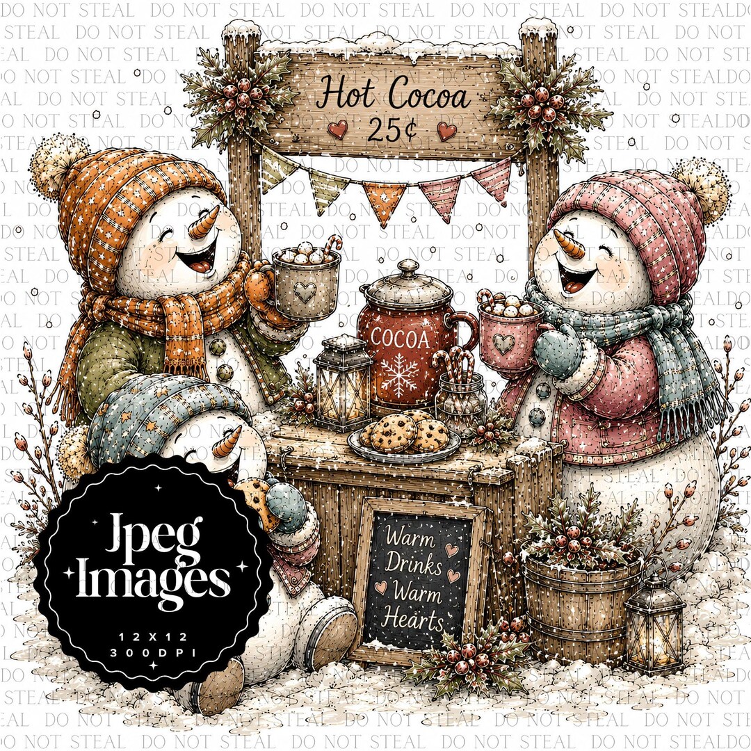 Cute Snowman Hot Cocoa Clipart | Cozy Winter Snowmen JPG | Whimsical ...