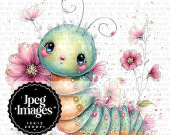 Whimsical Caterpillar Clipart Bundle | Cute Boho Quirky Caterpillar Art JPG | Big Eyed Bug Art Whimsical Floral Clipart for Sublimation JPEG