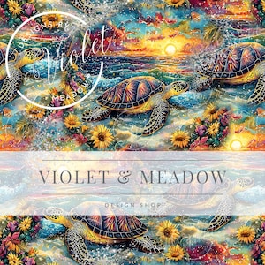 May include: A colourful digital illustration of two sea turtles swimming in a turquoise ocean with a sunset in the background. The turtles are surrounded by yellow sunflowers and other flowers. The text "VIOLET & MEADOW DESIGN SHOP" is at the bottom of the image.