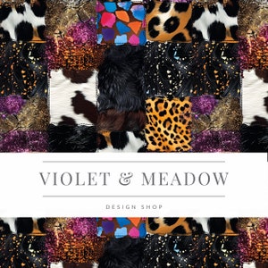 以下が含まれることがあります： 様々な動物柄、グリッター、フェイクファーを使用したカラフルなパッチワークパターン。パターンはシームレスに繰り返され、レオパード、牛革、ゼブラ柄が含まれています。テキスト「VIOLET & MEADOW DESIGN SHOP」は白いバナーに表示されています。