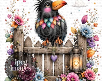 Whimsical Crow Clipart Bundle | Colorful Floral Raven Art JPG | Cottagecore Bird Clipart for Sublimation JPEG