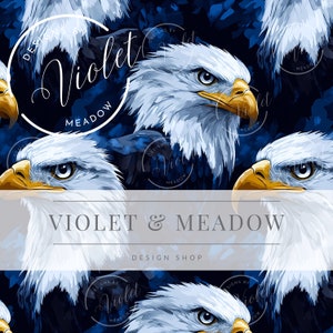May include: A seamless pattern featuring a blue and white bald eagle with a yellow beak and talons. The eagle is set against a dark blue background with a watercolor effect. The text "Designs by Violet Meadow" appears in white lettering on the pattern.