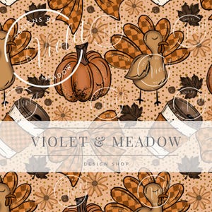 May include: Thanksgiving-themed pattern featuring pumpkins, turkeys, flowers, and coffee cups in shades of orange, brown, and beige. The design includes the text "VIOLET & MEADOW DESIGN SHOP" in a banner across the image.