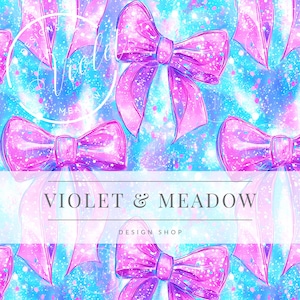 May include: A seamless pattern featuring pink and purple glitter bows on a blue and purple galaxy background. The text "Violet & Meadow Design Shop" is displayed in the center of the image.