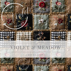 May include: A patchwork design featuring squares of various fabrics, including floral embroidery, gingham, and solid colors in muted tones. The text "VIOLET & MEADOW DESIGN SHOP" is displayed across the center, with the brand name in a circular logo.