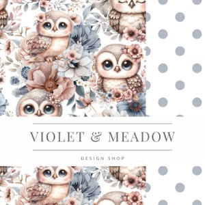 May include: A repeating pattern featuring adorable cartoon owls with large blue eyes, surrounded by soft pink and blue flowers and foliage. The text "VIOLET & MEADOW DESIGN SHOP" is displayed below the pattern.