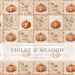May include: A repeating pattern featuring watercolor pumpkins in shades of orange and brown, interspersed with sprigs of green foliage. The design is set against a cream-colored background with a decorative border. The text "VIOLET & MEADOW DESIGN SHOP" is displayed.