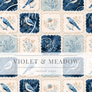 Vintage Shabby Chic Bluebird botaniska paneler | Sömlöst upprepat mönster | Utskrivbart bakgrundspapper | Dekorativt papper Cottage Botanicals