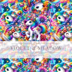 May include: A seamless pattern featuring colorful unicorns with rainbow manes and tails, surrounded by flowers, stars, and butterflies. The text "VIOLET & MEADOW DESIGN SHOP" is displayed at the bottom.