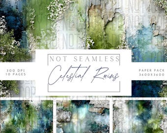 May include: Digital paper pack featuring a distressed, textured design with green, blue, and white hues. The text "NOT SEAMLESS" and "Celestial Ruins" is displayed. Includes 10 pages, 300 DPI, and a paper pack size of 3600 x 3600.