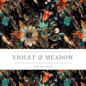 May include: A seamless pattern featuring a vibrant floral arrangement with gold accents on a black background. The flowers include red, orange, and blue hues, with a large white flower with gold accents in the center. The text "VIOLET & MEADOW DESIGN SHOP" is displayed on a white banner.