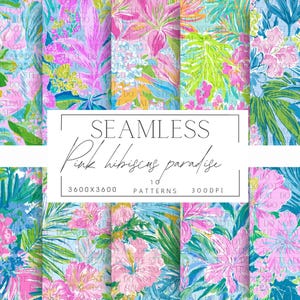 May include: A collection of ten seamless patterns featuring pink hibiscus flowers and tropical foliage on a light blue background. The image includes the text "SEAMLESS Pink hibiscus paradise" with dimensions of 3600x3600 and 300 DPI.