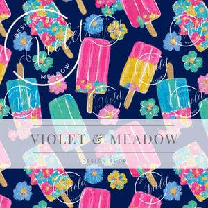 May include: A repeating pattern of colorful popsicle illustrations with floral accents on a navy blue background. The popsicles are pink, yellow, and blue, with wooden sticks. The text "Violet & Meadow" and "Design Shop" are also visible.