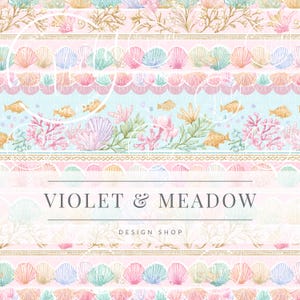 May include: A repeating pattern featuring seashells, coral, and fish in pastel colors. The design includes the text "VIOLET & MEADOW DESIGN SHOP" in a decorative font. The overall theme is aquatic and whimsical.