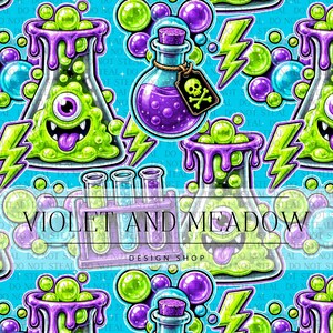 May include: A seamless pattern featuring cartoon laboratory equipment on a bright blue background. The design includes green one-eyed monsters in beakers, purple potion bottles with skull tags, test tubes in a rack, and green lightning bolts.