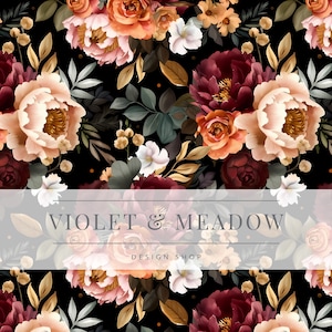 May include: A seamless pattern featuring a dark background with burgundy, peach, and white flowers. The flowers are arranged in a repeating pattern and have a vintage aesthetic. The text "VIOLET & MEADOW DESIGN SHOP" is displayed in a white banner.