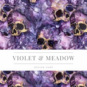 May include: A seamless pattern featuring gold and black skulls on a purple and pink abstract background. The text "VIOLET & MEADOW DESIGN SHOP" is displayed in the center of the image.