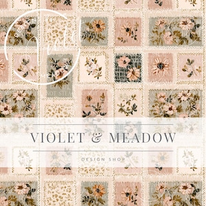 May include: A repeating pattern featuring floral designs in square frames. The squares are in shades of pink, green, and beige, with gold accents. The text "VIOLET & MEADOW" and "DESIGN SHOP" are displayed at the bottom.