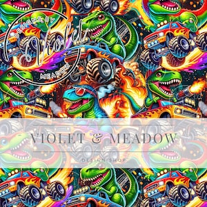 May include: A colorful seamless pattern featuring cartoon dinosaurs driving monster trucks with flames. The background is a dark blue with stars. The text "Designs by Violet Meadow" is in the top left corner.