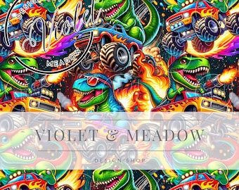 Monster Trucks Pattern Repeating File for Fabric Dinosaurs Digital Paper Craft Sublimation Winter Seamless Pattern File