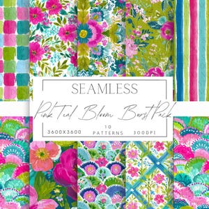 Può includere: Una collezione di dieci motivi senza cuciture, il Pink Teal Bloom Burst Pack, con disegni floreali. I motivi utilizzano rosa, verde acqua e verde. L'immagine include il testo "SEAMLESS Pink Teal Bloom Burst Pack 3600X3600 10 PATTERNS 300DPI".