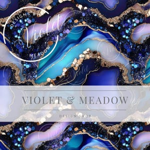 May include: Abstract digital art print featuring blue, purple, and gold colors with a glittery texture. The print has a swirling, agate-like design and includes the text "Violet & Meadow Design Shop".