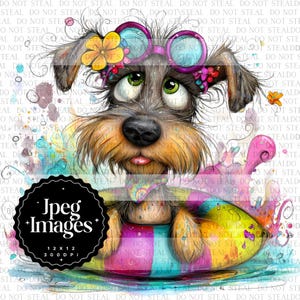May include: A whimsical watercolor illustration of a dog wearing goggles and a flower crown, floating in a colorful pool. The dog has big green eyes and a playful expression. The image includes the text "Jpeg Images 12 x 12 300 DPI".