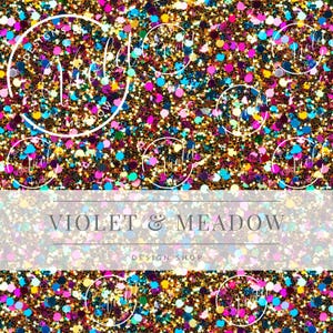 May include: A colourful glitter design featuring gold, pink, purple, blue, and green specks. The text "Violet & Meadow" and "Design Shop" are displayed on a light background, with circular logos scattered around.
