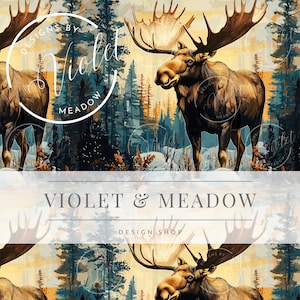 May include: A seamless pattern featuring a stylized illustration of a moose in a forest setting. The moose is brown with large antlers and is surrounded by trees. The background is a muted blue and green color palette. The text "Designs by Violet Meadow" is repeated throughout the pattern.