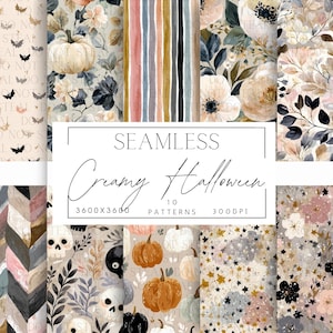 May include: A collection of seamless patterns with a Halloween theme. The patterns feature pumpkins, floral designs, bats, and skulls in a soft, creamy color palette. The image includes the text "SEAMLESS Creamy Halloween 10 PATTERNS 300DPI".