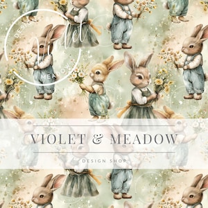 May include: A seamless pattern featuring watercolor illustrations of bunnies wearing overalls and holding bouquets of flowers. The background is a soft green with a watercolor effect. The text "VIOLET & MEADOW DESIGN SHOP" is at the bottom of the pattern.