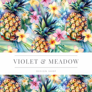 May include: A tropical design featuring pineapples, plumeria flowers, and palm leaves. The design is in a vibrant color palette of green, yellow, pink, and blue. The text "VIOLET & MEADOW DESIGN SHOP" is displayed on a white banner.