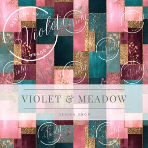 May include: A digital design featuring a patchwork of teal, gold, pink, and burgundy rectangles. The design includes floral accents and the text "VIOLET & MEADOW DESIGN SHOP" with the brand name "Violet Meadow" in a circular logo.