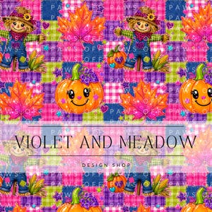 Patrón sin costuras de espantapájaros con calabazas de patchwork – Patrón floral sin costuras de calabazas: Sublimación de tela de otoño (Descarga digital)