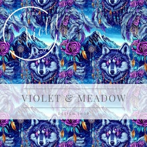 May include: A seamless pattern featuring a blue wolf with purple and blue dreamcatchers, purple roses, and a mountain range in the background. The text "Violet & Meadow Design Shop" is at the bottom of the image.