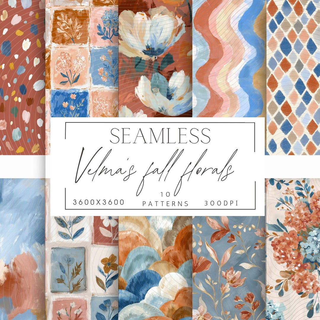 Fall Floral Seamless Pattern Pack | Burnt Orange Blue Digital Paper ...