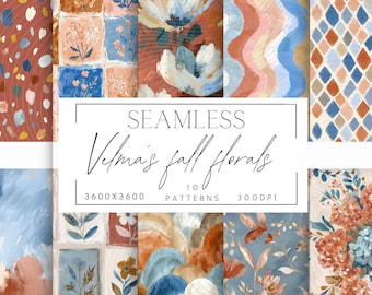 Fall Floral Seamless Pattern Pack | Burnt Orange Blue Digital Paper | Modern Boho Autumn Scrapbook Paper | Printable JPEG
