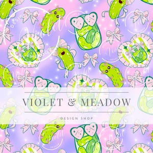 May include: A repeating pattern featuring cartoon pickles with heart-shaped sunglasses and bows, set against a gradient of purple and pink. The design includes jars of pickles and decorative bows, with the text "VIOLET & MEADOW DESIGN SHOP".