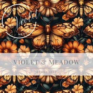 May include: A seamless pattern featuring a dark background with orange and brown butterflies and flowers. The text "Violet & Meadow Design Shop" is displayed in the center of the image.