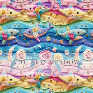 3D söta preppy hajar sömlös design för tyg, sött hav digitalt papper, färgglad blommig barnbakgrund, sömlös fil, ytdesign