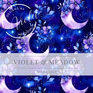 Puede incluir: Un patrón sin costuras con lunas crecientes, flores azules y moradas, y estrellas sobre un fondo azul oscuro. El texto "VIOLET & MEADOW DESIGN SHOP" está en el centro de la imagen.