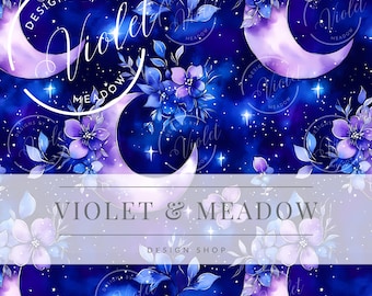 Moon Flowers| Luminous Flowers| Seamless Repeat Pattern| Backgrounds | Printable Digital Paper| Decorative Moon Paper | Bribrant Botanicals