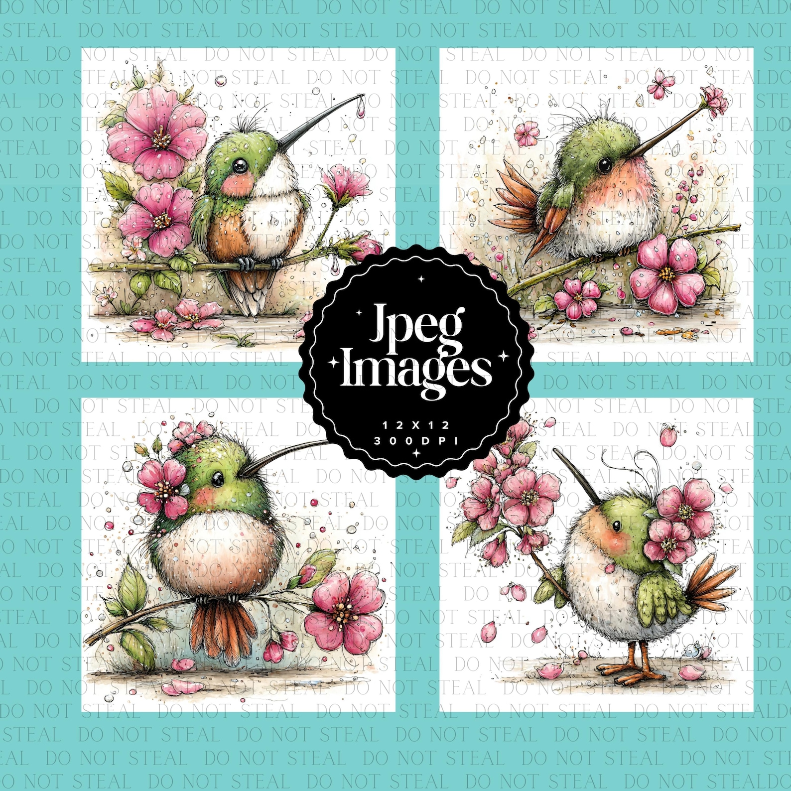 Whimsy Hummingbird Whimsical Hummingbird Clipart Bundle | Soft Floral Garden Bird Art JPG ...